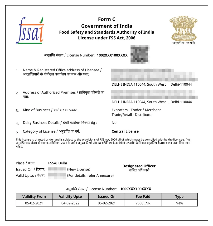 FSSAI Centeral license sample